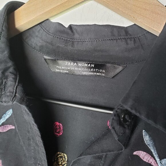 Zara Floral Embroidered Button Front Tunic Top Oversized XS Black Boho - Picture 3 of 9